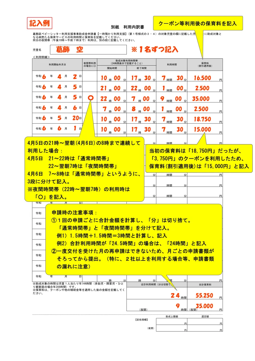 葛飾区の利用内訳表