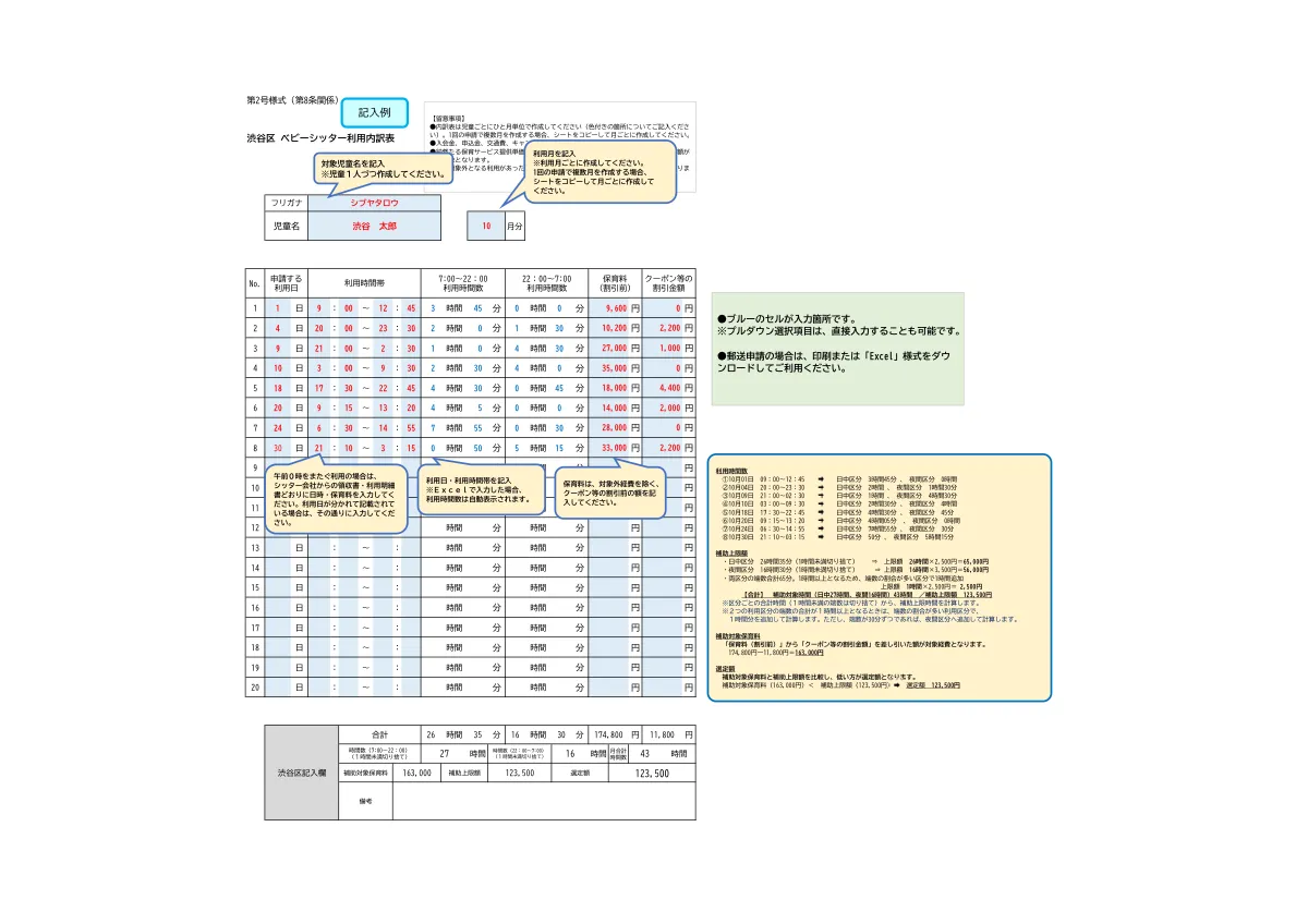 渋谷区の利用内訳表